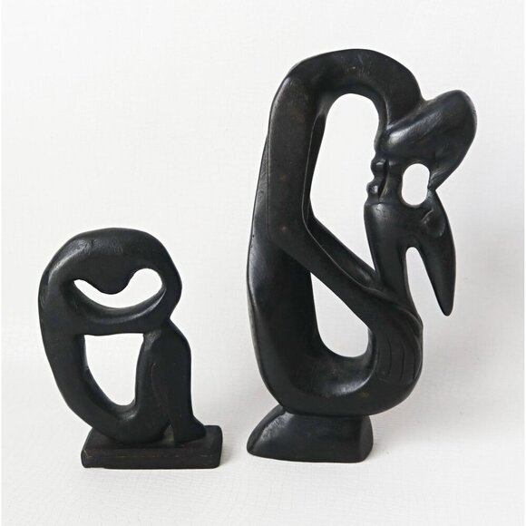 2 Hand-Carved Wood Sculptures Abstract Kissing Couple & Woman - Picture 5 of 6